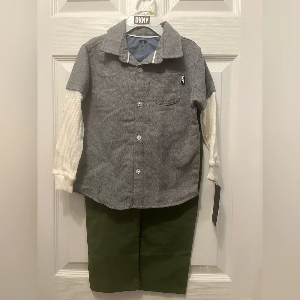 NWT DKNY Little Boy 2pc Woven Twofer Shirt and Pants Set